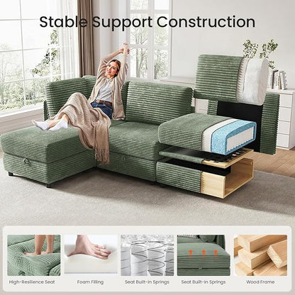 KKL Sectional Couches L-Shaped for Living Room 4 Seater Modular Couch with Storage Ottoman, Plush Wide-Wale Corduroy Couch,Modular Sectional Sofa, Apartment, Modern Design, Green