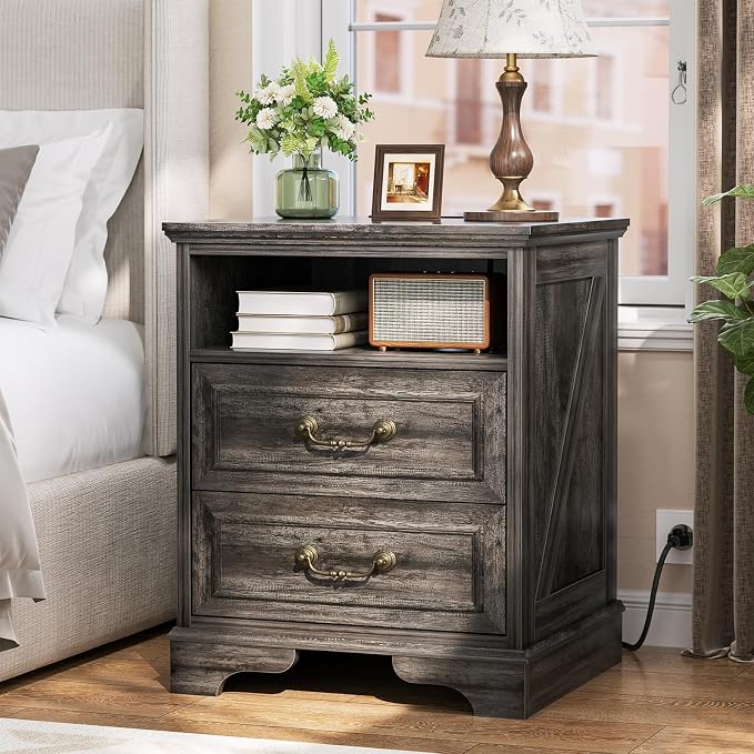 Unikito 24" Tall Farmhouse Nightstand with Charging Station, Rustic End Table with Drawer & Open Storage, Beside Table for Bedroom, Gray Oak