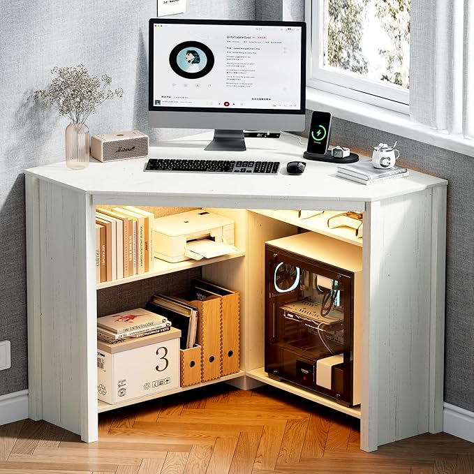 Corner Desk with Charging Station and LED Lights, White | Triangle gaming computer desk for home office, Features space saving storage shelves, CPU stand, and smart LED light