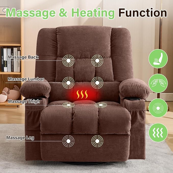 BOSMILLER 360° Swivel Rocker Recliner Chair for Adults,Oversized Recliner Chair with Massage and Heating, Manual Nursery Glider Recliner with Cup Holder and Side Pocket for Living Room, Bedroom