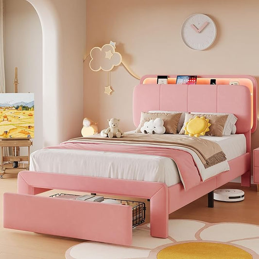 Feonase Twin Upholstered Bed Frame with Storage Drawers and Headboard, Built-in Charging Station, Velvet Platform LED Bed with Solid Wood Slat Support, No Box Spring Needed, for Girls and Kids, Pink