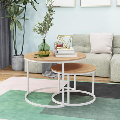 HOJINLINERO Round Coffee Table,Nesting Coffee Table Set of 2,Center Tables for Living Room,Office, Home Small Space,Stacking Side Tables,Sturdy and Easy Assembly,Wood Desktop,White+Teak OAKDK,Large