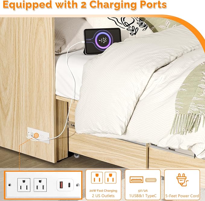 VINGLI Queen Size Rattan Murphy Bed with Storage Drawer,2 Charging Station, Boho,Hideaway Paltform Panel Bed for Small Spaces,Guest Room,Office,Apartment, Space-Saving Cabinet Bed,Oak White
