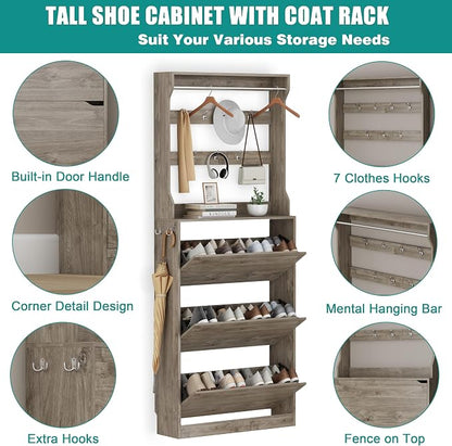 Shoe Cabinet for Entryway with 3 Flip Drawers, Grey Tall Wood Shoe Storage Cabinet with Coat Rack, Narrow Hidden Slim Freestanding Shoe Rack Organizer, 2 in 1 Hall Tree for Living Room, Hallway