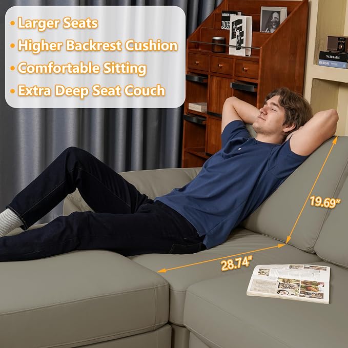 EASE MOOSE Leather Sectional Couch, Oversized Modular Sectional Sofas, Wide Deep Seat Modular Couch, Scratch Resistant Faux Leather Material, L Shaped Sofa for Big Spaces，Light Grey