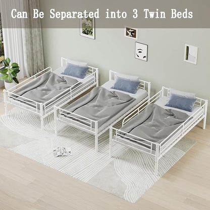 Metal Triple Bunk Bed,Twin Over Twin Bunk Bed for 3, Separates Into 3 Beds with Guardrail and Ladder, Heavy Duty Triple Bed Frame Suitable for Teenager/Adults, No Box Spring Needed(C-White)