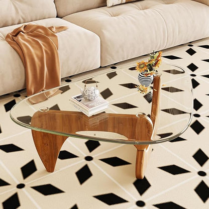 Coffee Table for Living Room Mid Century Modern Center Table with Glass Top and Wood,36 Inch, Transparent/Walnut