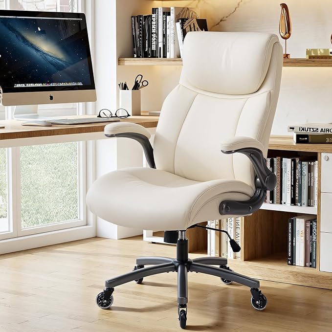 MALOL Ergonomic High-Back Executive Office Chairs, Heavy Duty Home Computer Chair with Lumbar Support, Flip-Up Arms, and PU Leather Upholstery, Beige