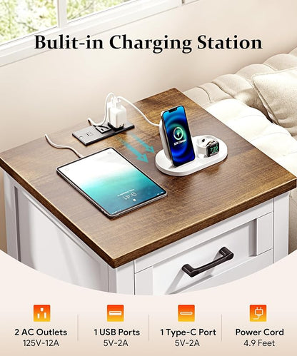 Decofy Farmhouse Nightstand with Charging Station & Large Storage, Modern End Tables with Outlets, USB Ports and Type-C Ports, Easy Assembly for Bedroom (Pure White + Walnut)