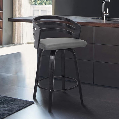 Armen Living Jayden Modern 26" Seat Height Swivel Grey Faux Leather and Black Wood Bar Stool for Kitchen Island Counter