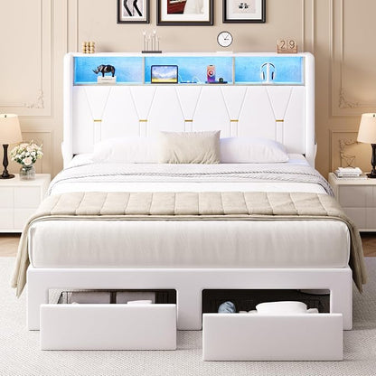 Allewie Queen Bed Frame with 2-Tier Storage Headboard, Charging Station & LED Light, Velvet Upholstered Platform Bed with 2 Drawers, Wingback Headboard, Gold Button Tufted, No Box Spring Needed, White