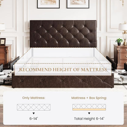 SHA CERLIN Upholstered Full Size Platform Bed Frame with 4 Storage Drawers, Adjustable Headboard with Diamond Stitched Button Tufted Design, Wooden Slat Support, No Box Spring Needed, Black Brown
