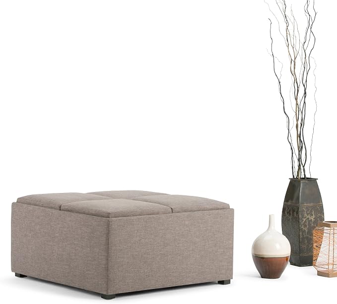SIMPLIHOME Avalon Wide Contemporary Square Coffee Table Storage Ottoman, Fawn Brown, Table Ottoman