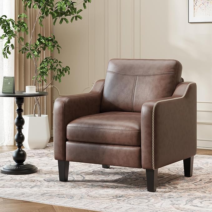 MALOL PU Leather Accent Chair, Mid-Century Modern Living Room Armchair Sofa with Removable Cushions, Solid Wood Frame & Stitched Armrest Design, Bedroom Chair with Plastic Legs, Chocolate Brown