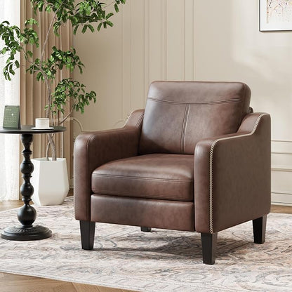 MALOL PU Leather Accent Chair, Mid-Century Modern Living Room Armchair Sofa with Removable Cushions, Solid Wood Frame & Stitched Armrest Design, Bedroom Chair with Plastic Legs, Chocolate Brown