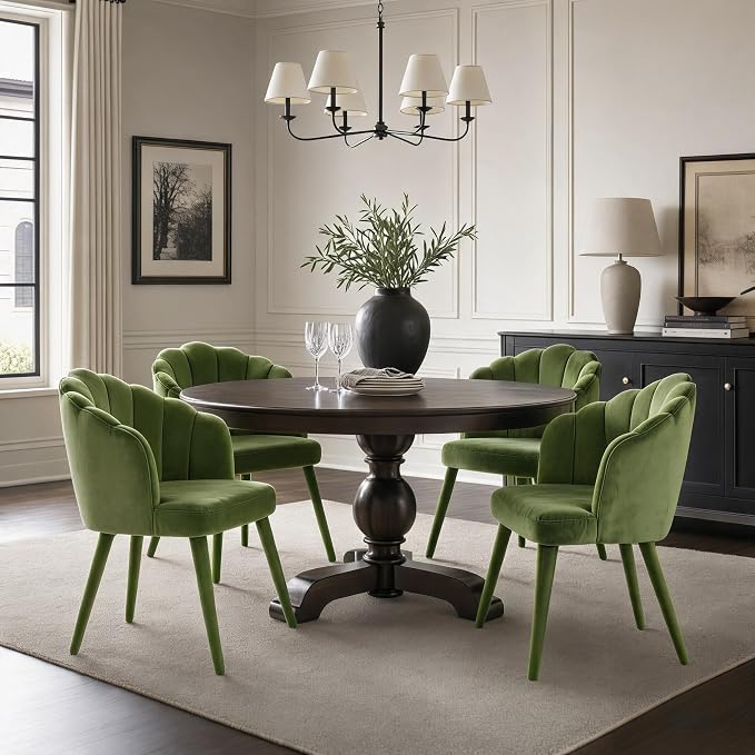 Hyfirm Velvet Dining Chairs Set of 4, Upholstered Modern Kitchen Dining Chairs with Petal Back & Fabric Covered Wooden Legs, Comfy Accent Armchairs for Bedroom/Kitchen/Vanity, Olive