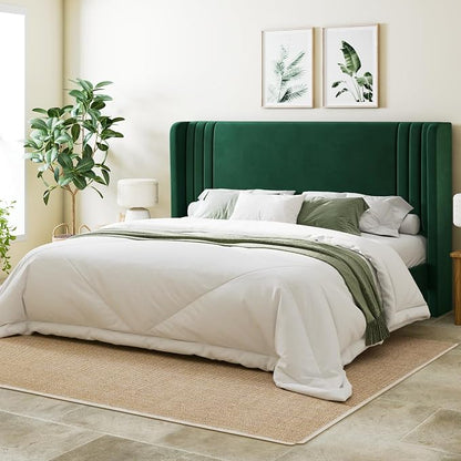 Allewie King Size Velvet Platform Bed Frame with Vertical Tufted Wingback Headboard, Easy Assembly, Under Bed Storage, No Box Spring Required, Modern Style, Green