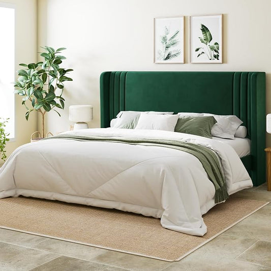 Allewie King Size Velvet Platform Bed Frame with Vertical Tufted Wingback Headboard, Easy Assembly, Under Bed Storage, No Box Spring Required, Modern Style, Green