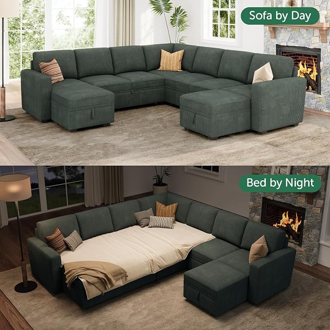 HONBAY Modular Sectional Sleeper Sofa with Pull Out Couch, Corduroy Oversized Sectional Couches Pull Out Bed with U Shaped Sleeper Storage for Living Room - Green
