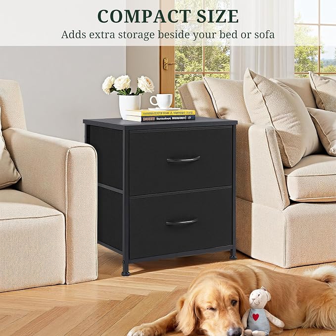 Nightstand Set of 2 Upgraded, Small 2 Drawer Dresser End Table Bedside Furniture, Wooden Top Fabric Bins for Bedroom, Closet, Entryway, Dorm, 11.8" D x 18" W x 20", Black