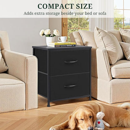 Nightstand Set of 2 Upgraded, Small 2 Drawer Dresser End Table Bedside Furniture, Wooden Top Fabric Bins for Bedroom, Closet, Entryway, Dorm, 11.8" D x 18" W x 20", Black