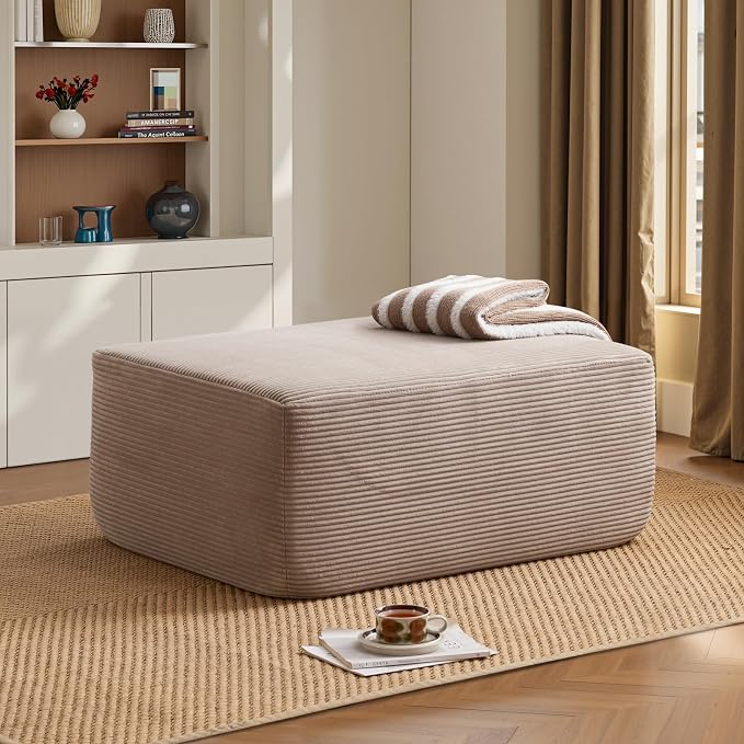 ovios 37" Corduroy Ottoman, Upholstered Cloud Ottoman for Boneless Couch in a Box, Modular Sectional Couches for Living Room Bedroom, Compressed Memory Foam, No Assembly Require, Beige