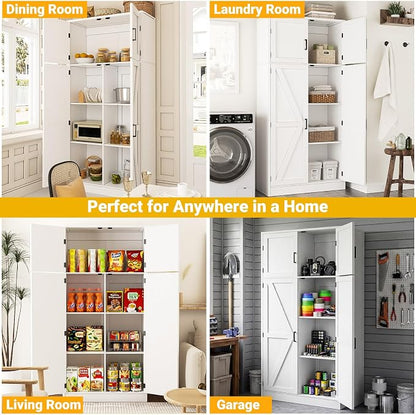 Unikito 71” Tall Storage Cabinet, Large Farmhouse Kitchen Pantry Storage Cabinet with Adjustable Shelves and Barn Doors, Versatile Storage Cupboard for Dinning Room, Bathroom, Living Room, White
