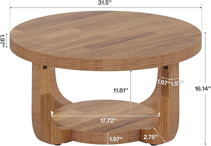 Tribesigns Round Coffee Table, 2-Tier Circle Coffee Table with Storage, Modern Wooden Accent Center Table for Living Room, Thick Tabletop & Base (Rustic Brown)
