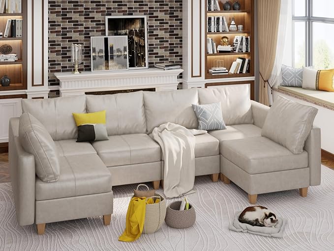 EASE MOOSE Modular Sofa with Storage, Faux Leather Sectional Sofa U Shaped Sectional Couches for Living Room, Whitesand