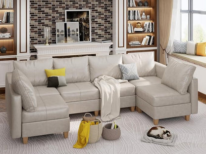 EASE MOOSE Modular Sofa with Storage, Faux Leather Sectional Sofa U Shaped Sectional Couches for Living Room, Whitesand