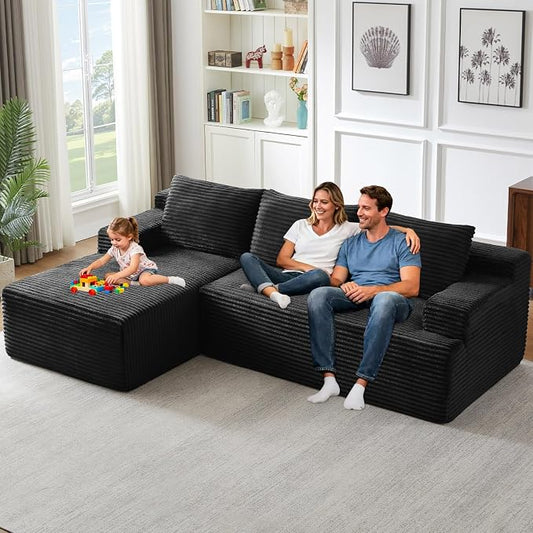 96" Modular Sectional Sofa Couches L-Shape Couch 3 Seat Modular Sofa Corduroy Memory Foam Sectional Boneless Couches for Living Room, Cloud Couch with Oversized Chaise(Black, Left Facing)