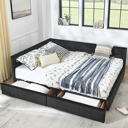 Queen Size Corner Bed Frame with Storage Drawers, Comfortable Backrest and Armrests, Velvet Tufted Corner Bed Frame Queen Size, Upholstered Daybed for Bedroom, Living Room, Guest Room, Black