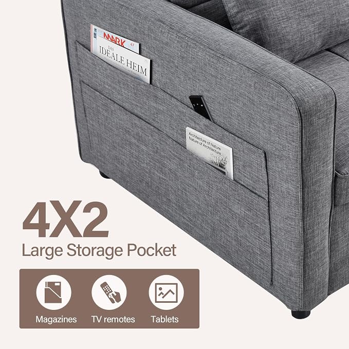 HAOMARKETS 3 in 1 Convertible Sleeper Sofa Bed, Loveseat Chaise Lounge with Pullout Bed, 2-Seater Futon Couches with Storage Pockets, 3-Level Adjustable Backrest and Pillows for Living Room, Dark Grey