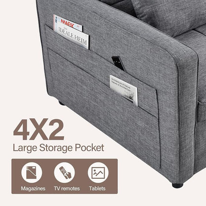 HAOMARKETS 3 in 1 Convertible Sleeper Sofa Bed, Loveseat Chaise Lounge with Pullout Bed, 2-Seater Futon Couches with Storage Pockets, 3-Level Adjustable Backrest and Pillows for Living Room, Dark Grey