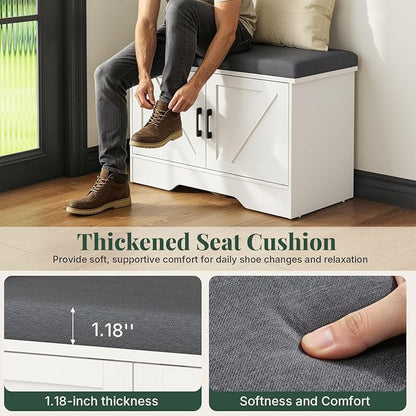 DUMOS 28 Inch Storage Bench, Shoe Organizer Cabinet with Thickened Padded Seat Cushion, Entryway Bench with 2 Doors & Adjustable Shelf for Hallway, Bedroom, Living Room, White