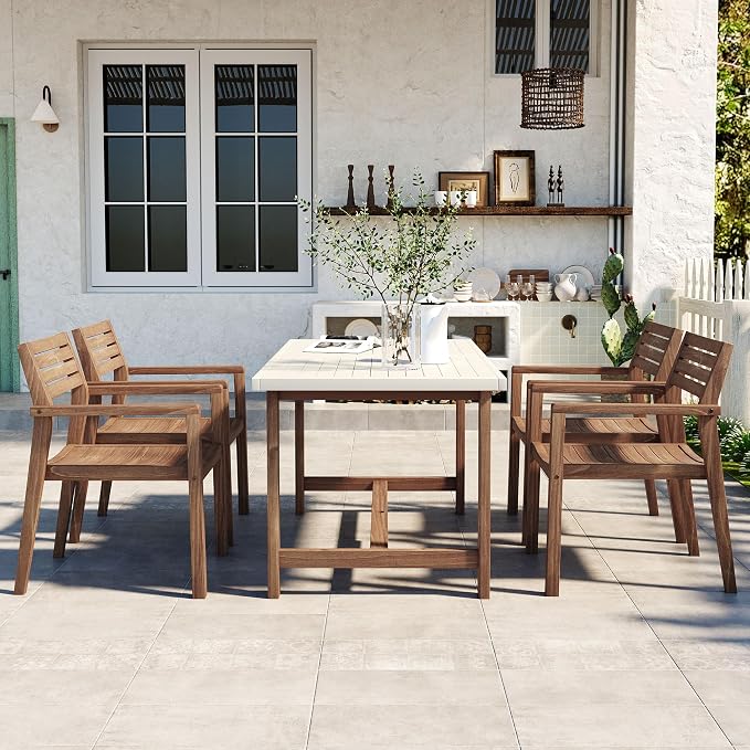 Quarte 5-Piece Outdoor Acacia Wood Dining Set, 59.06-Inch Rectangular Table with Umbrella Hole & 4 Chairs,Patio/Garden/Poolside Furniture for Family Gatherings (Light Brown,Light Gray)
