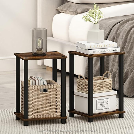 Furinno Simplistic Night Stand Set of 2, 2-Tier Small Nightstand with Open Shelf, Toolless Bedside Table, End Table, Side Table, for Bedroom, Closet, Dorm, Amber Pine