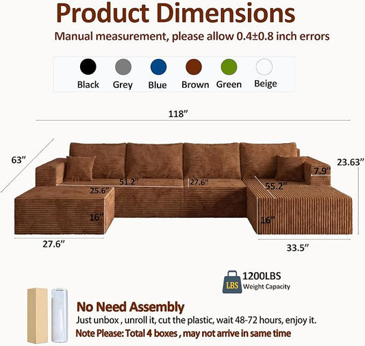 118" Modular Sectional Sofa with Chaise and Ottoman, Oversized U-Shaped Corduroy Cloud Couch, Deep Seat Boneless Couch for Living Room, No-Assembly - Green (Right Facing Chaise)