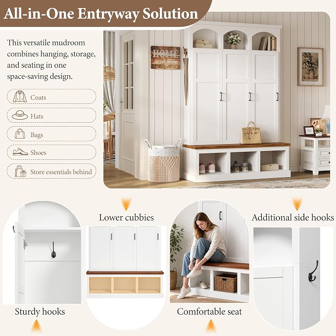 Merax Classic Arched Hall Tree with 3 Hidden Storage, Farmhouse Mudroom Bench with 5 Hooks, Mid-Century Entryway Organizer for Shoes, White