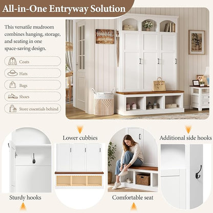 Merax Classic Arched Hall Tree with 3 Hidden Storage, Farmhouse Mudroom Bench with 5 Hooks, Mid-Century Entryway Organizer for Shoes, White