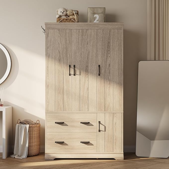 LIKIMIO Wardrobe Closet, 70" Tall 4 Doors Large Wooden Closet with 2 Drawers, 3 Shelves Bedroom Armoire with Hanging Rod, Freestanding Storage Cabinet for Hanging Clothes, Light Oak