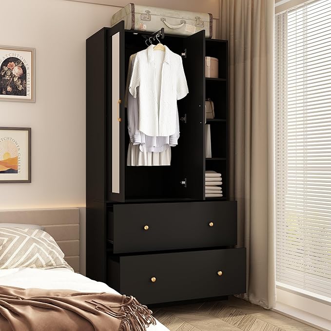 2 Door Wardrobe Armoire Closet with Mirror, 35.5" W Wooden Wardrobe Cabinet with Hanging Rod & 2 Drawers, Bedroom Armoire Dresser Clothes Organizer, Black