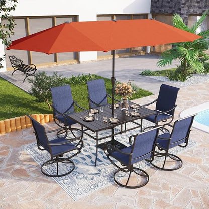 PHI VILLA 8 Piece Patio Dining Set with 13ft Patio Umbrella (Orange Red), 6 Outdoor Swivel Dining Chairs & 1 Large Metal Dining Table for Lawn Garden Backyard (No Umbrella Base)