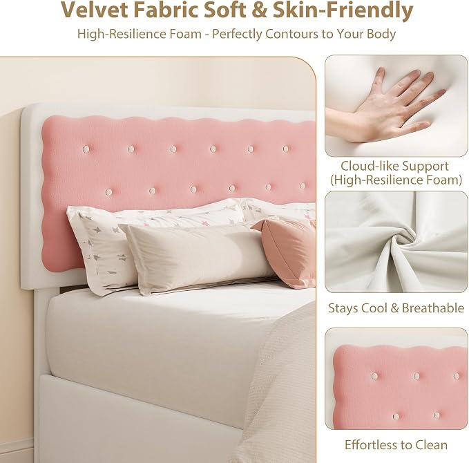 Garvee Twin Bed Frame with Biscuit Tufted Velvet Headboard, Cream White & Pink Upholstered Platform Bed with 2 Storage Drawers, Sturdy Wood Slats, No Box Spring Needed, Easy Assembly