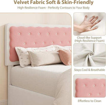 Garvee Twin Bed Frame with Biscuit Tufted Velvet Headboard, Cream White & Pink Upholstered Platform Bed with 2 Storage Drawers, Sturdy Wood Slats, No Box Spring Needed, Easy Assembly