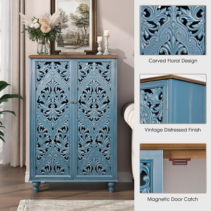 JOINICE 47" Tall Accent Cabinet with Carved Doors & Storage for Living Room | Vertical Storage for Dining Room,Bedroom, Carved Floral Design, Walnut Finish Top, Farmhouse/Rustic Style, Adjustable Shelves