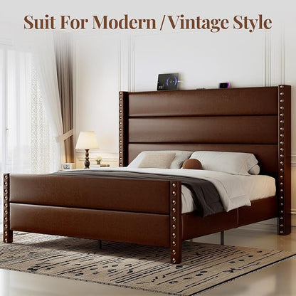 Queen Bed Frame with Storage Shelf & Charging Station, 55" Tall Headboard & 25.6" Footboard, Faux Leather Upholstered Platform Bed with Big Rivets Wingback, Heavy Duty & Noise-Free, Brown