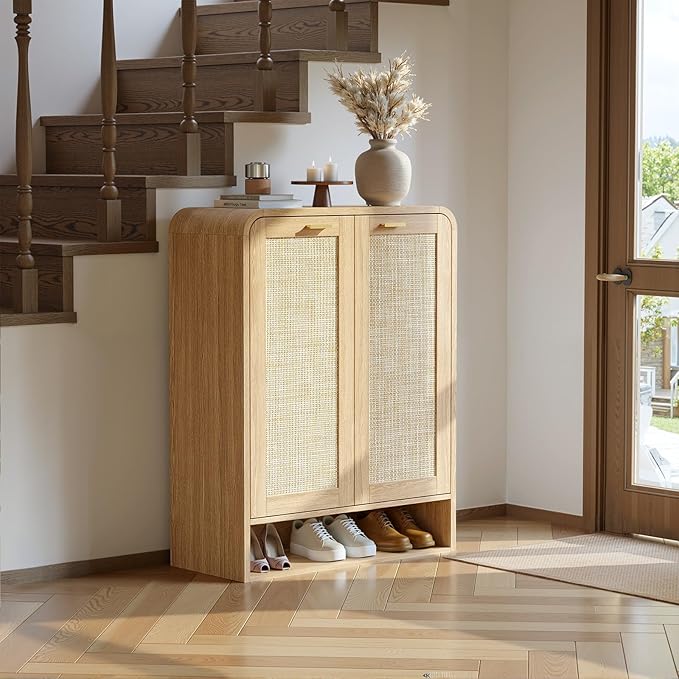 Evermagin 41" Tall Rattan Shoe Storage Cabinet, 24 Pairs Shoe Cabinet for Entryway, 5-Tier Boho Shoe Organizer with Doors for Hallway Living Room Closet, Natural Oak