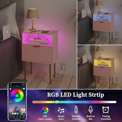 JOONEE Modern Nightstand with Charging Station and LED Lights, White Bedside Table with Drawer, Fluted Side Table for Living Room, Bedroom
