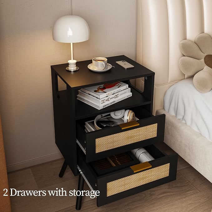 JOONEE Rattan Nightstand,Farmhouse Bedside Table with 2 Storage Drawer and Open Wood Shelf, for Bedroom and Small Spaces,Night Stand with Solid Wood Legs (Black)